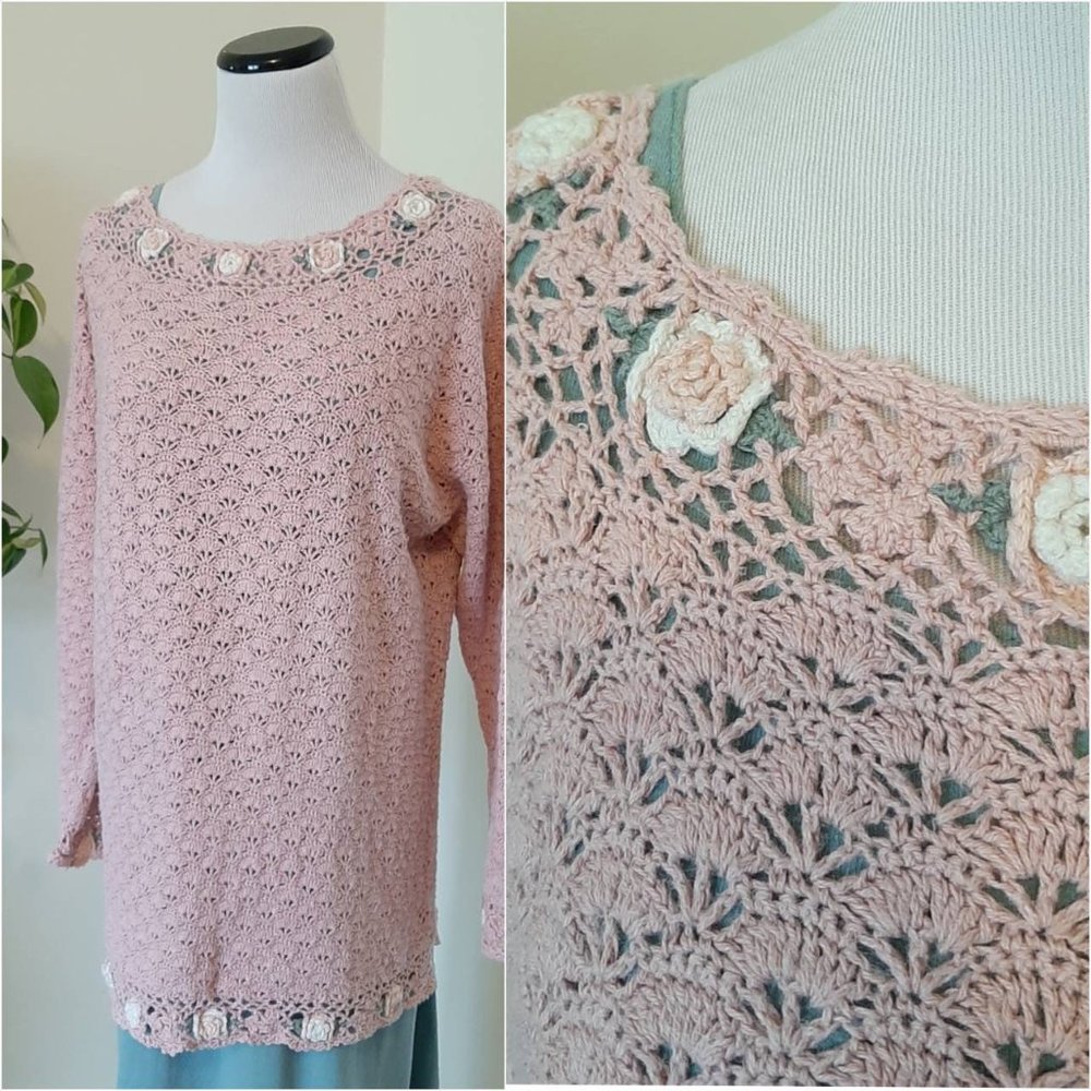 Vtg Blush Pink Rosette Crochet Tunic Open Weave Cottagecore Sweater L